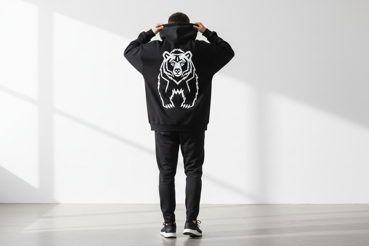 hombre poniendose un buzo negro oversize con un dibujo en la espalda de un oso con el contorno blanco